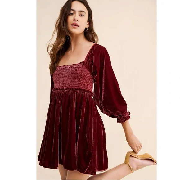 Free People Dainty Renaissance Daphne Velvet Mini Dress Burgundy Brown Medium - Picture 5 of 17